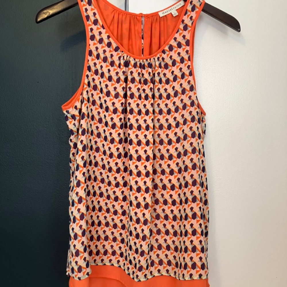 Geometric Print Layered Tank, Orange / Cream / Navy Crepe, Women's Size S